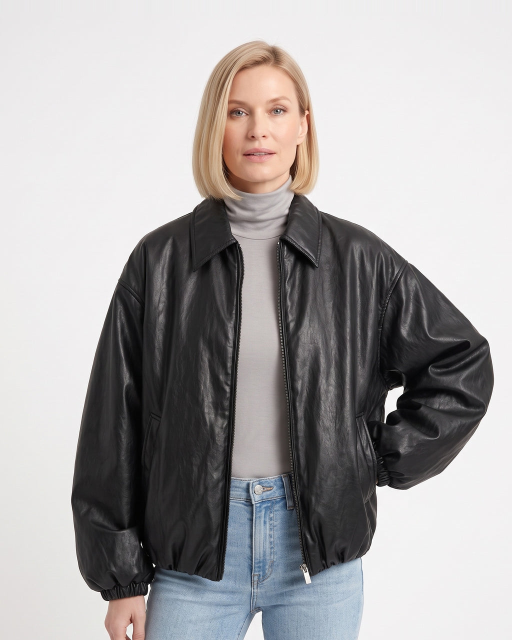 Black padded faux leather bomber jacket with wide shoulders, balloon sleeves, zip front