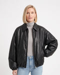 Black padded faux leather bomber jacket with wide shoulders, balloon sleeves, zip front
