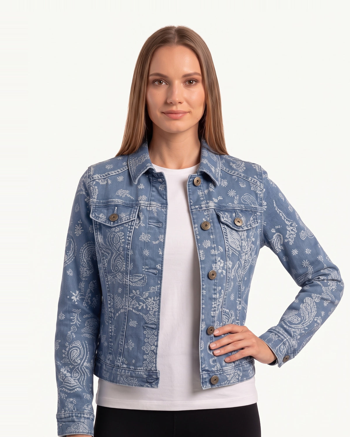 Women’s paisley print denim trucker jacket with button front and chest pockets, blue