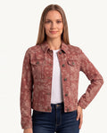 Women’s paisley print denim trucker jacket with button front and chest pockets, red-brown