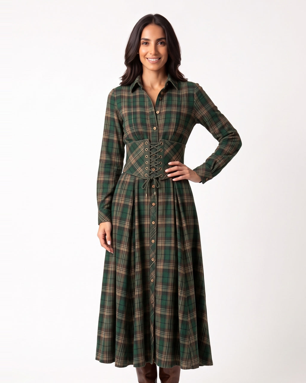 Green plaid long-sleeve maxi dress with button front and lace-up corset waist belt.