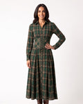 Green plaid long-sleeve maxi dress with button front and lace-up corset waist belt.