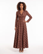Plaid Maxi Dress with Long Sleeves — Notch Collar Button Front Fit and Flare Style in Wool Blend