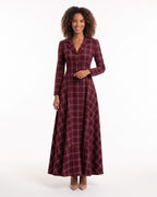 Plaid Maxi Dress with Long Sleeves — Notch Collar Button Front Fit and Flare Style in Wool Blend