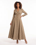 Plaid Maxi Dress with Long Sleeves — Notch Collar Button Front Fit and Flare Style in Wool Blend