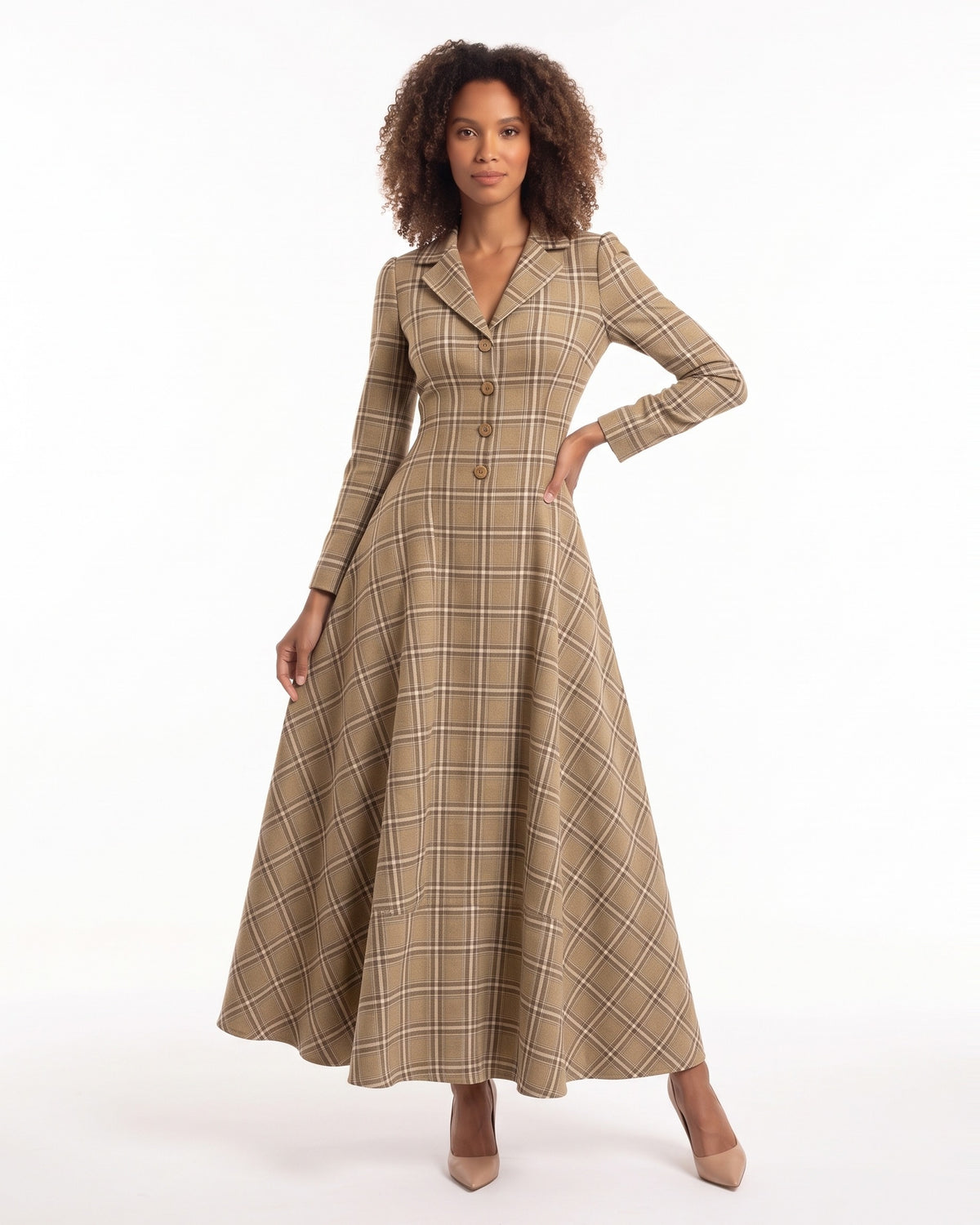 Plaid Maxi Dress with Long Sleeves — Notch Collar Button Front Fit and Flare Style in Wool Blend