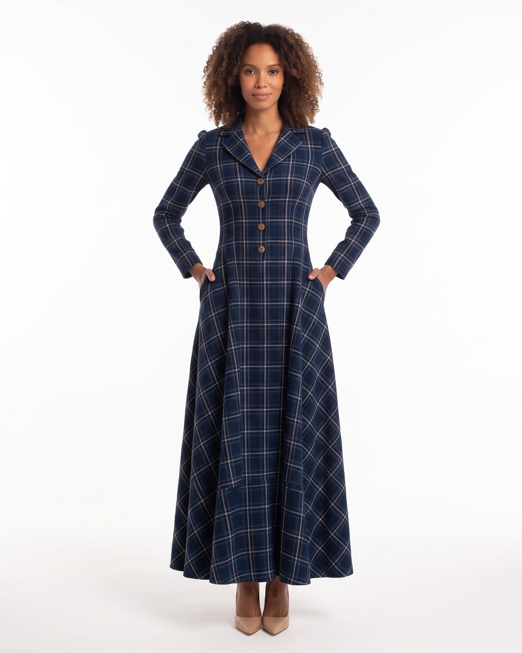 Plaid Maxi Dress with Long Sleeves — Notch Collar Button Front Fit and Flare Style in Wool Blend
