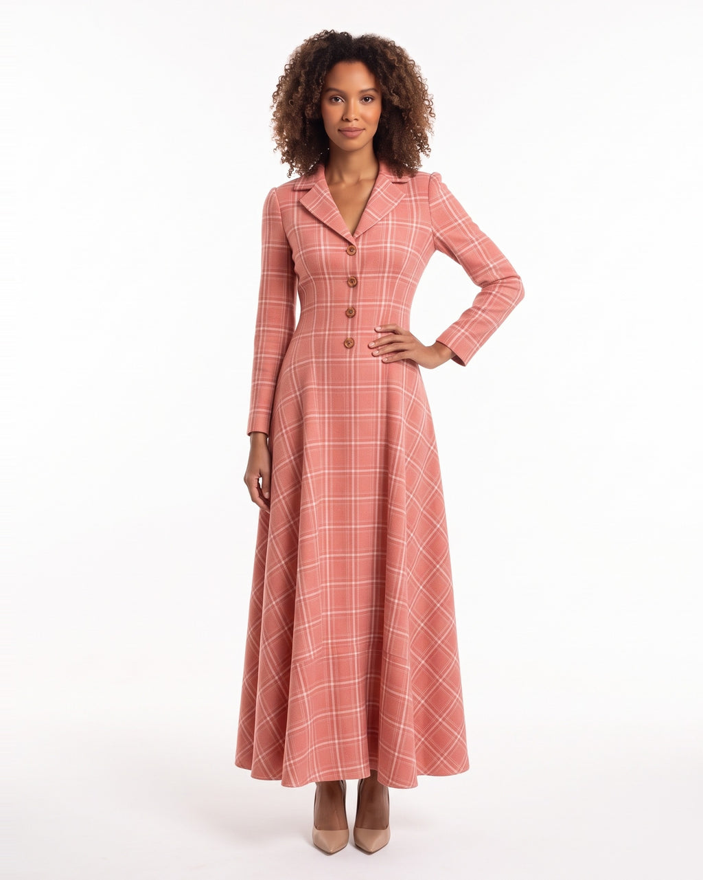 Plaid Maxi Dress with Long Sleeves — Notch Collar Button Front Fit and Flare Style in Wool Blend