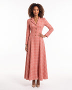 Plaid Maxi Dress with Long Sleeves — Notch Collar Button Front Fit and Flare Style in Wool Blend