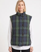 Plaid quilted puffer vest with button front, high collar, and dark green tones