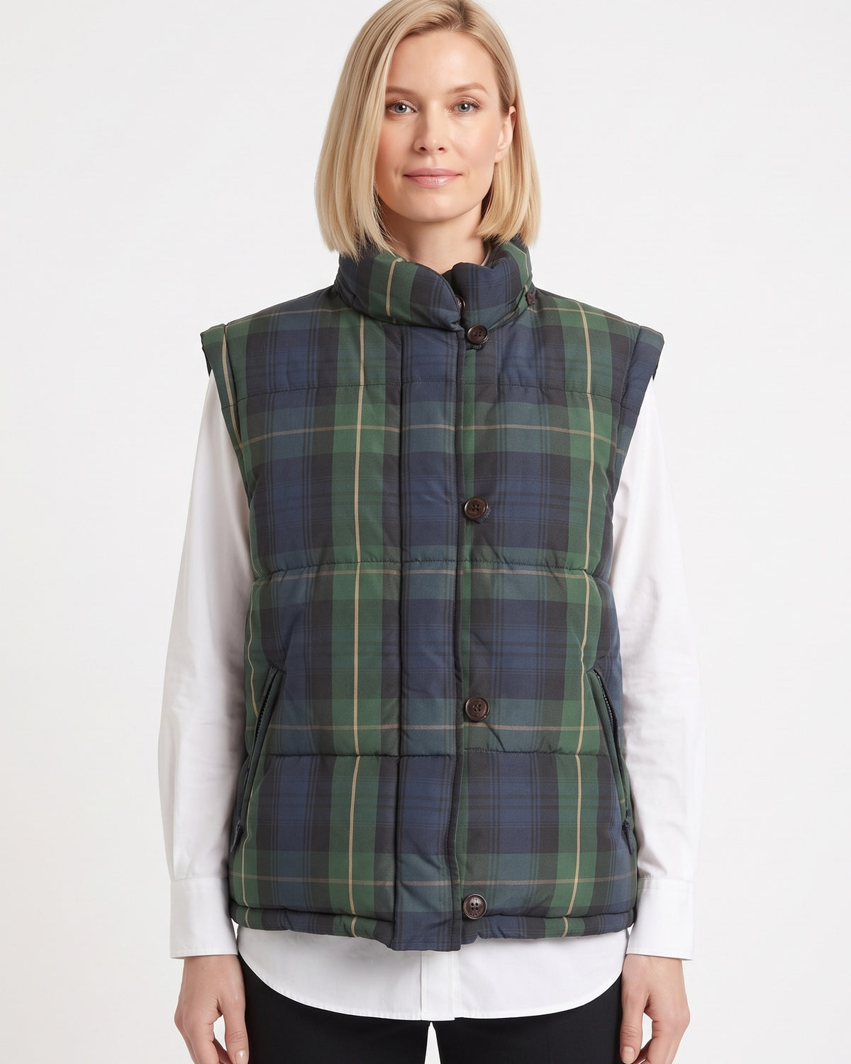 Plaid quilted puffer vest with button front, high collar, and dark green tones