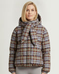 Plaid hooded puffer jacket with quilted pattern, full sleeves and front zip