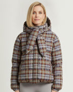 Plaid hooded puffer jacket with quilted pattern, full sleeves and front zip
