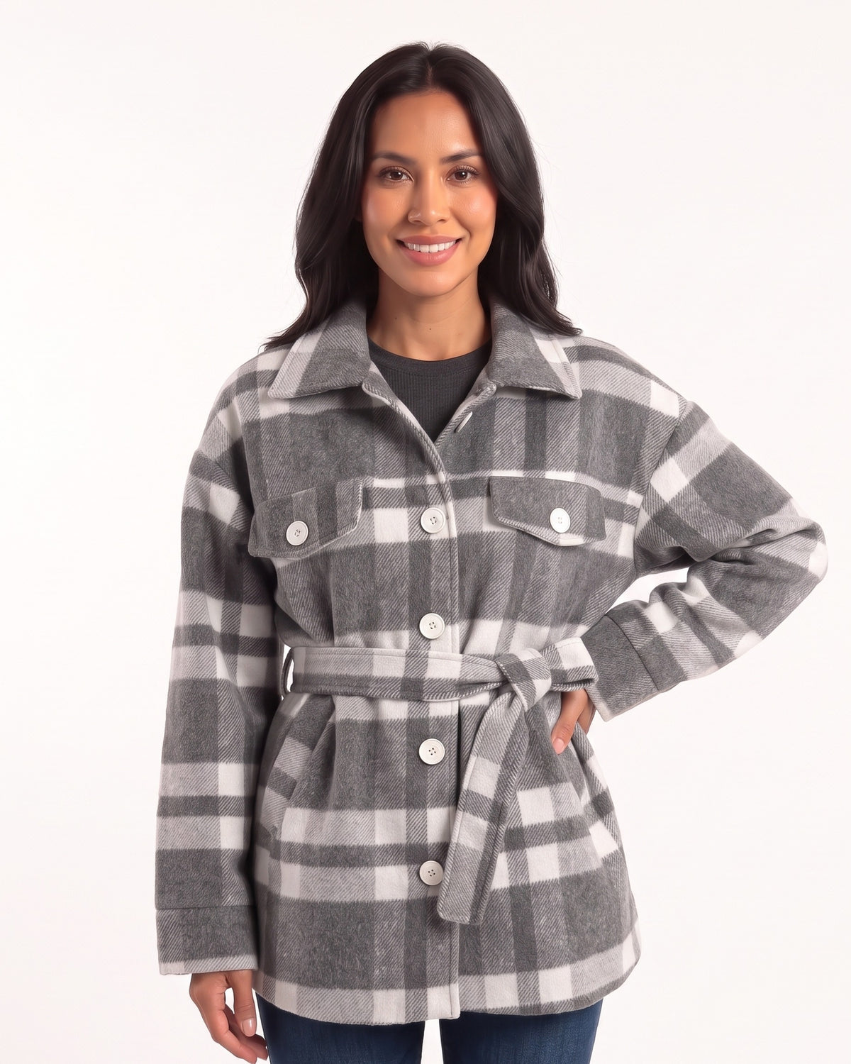 Gray plaid belted shacket with front buttons and two flap pockets