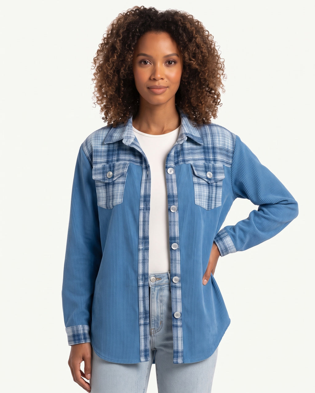 Women’s blue plaid patchwork shacket with button front and flap chest pockets