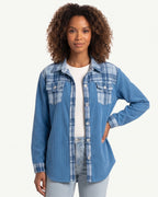 Women’s blue plaid patchwork shacket with button front and flap chest pockets