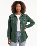 Women's dark green textured button-up shacket with flap pockets
