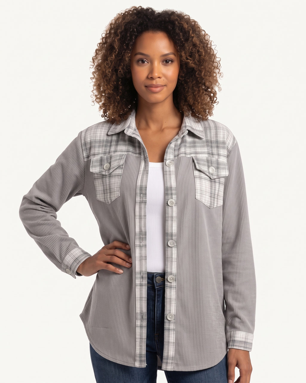 Women’s gray plaid patchwork shacket with button front and flap chest pockets