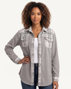 Women’s gray plaid patchwork shacket with button front and flap chest pockets