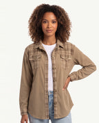 Women's tan textured button-up shacket with flap pockets
