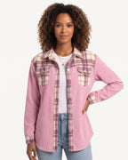 Women’s plaid shacket in pink with button front, flap pockets, and plaid chest yoke