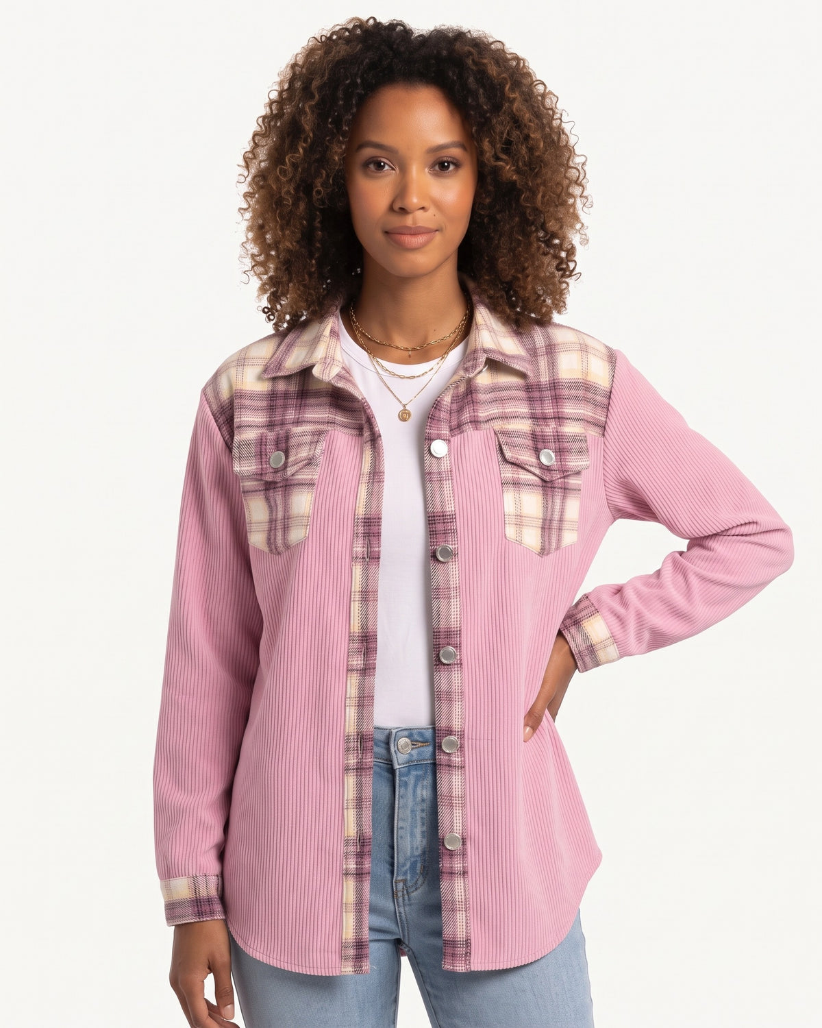 Women’s plaid shacket in pink with button front, flap pockets, and plaid chest yoke