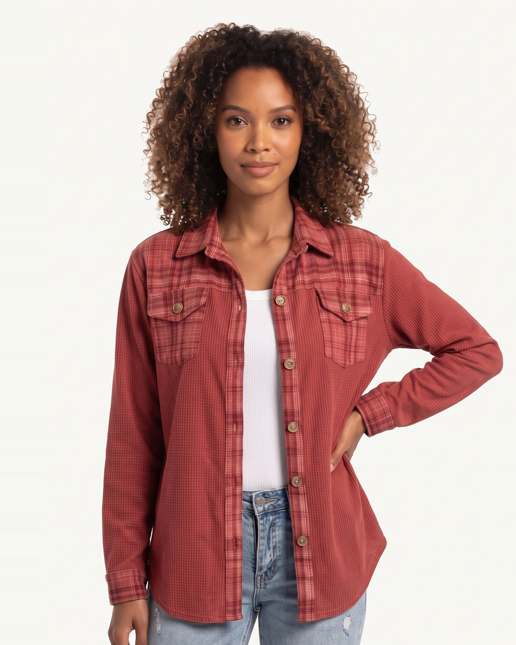 Women’s plaid shacket in red with button front, flap pockets, and plaid chest yoke