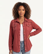 Women’s plaid shacket in red with button front, flap pockets, and plaid chest yoke
