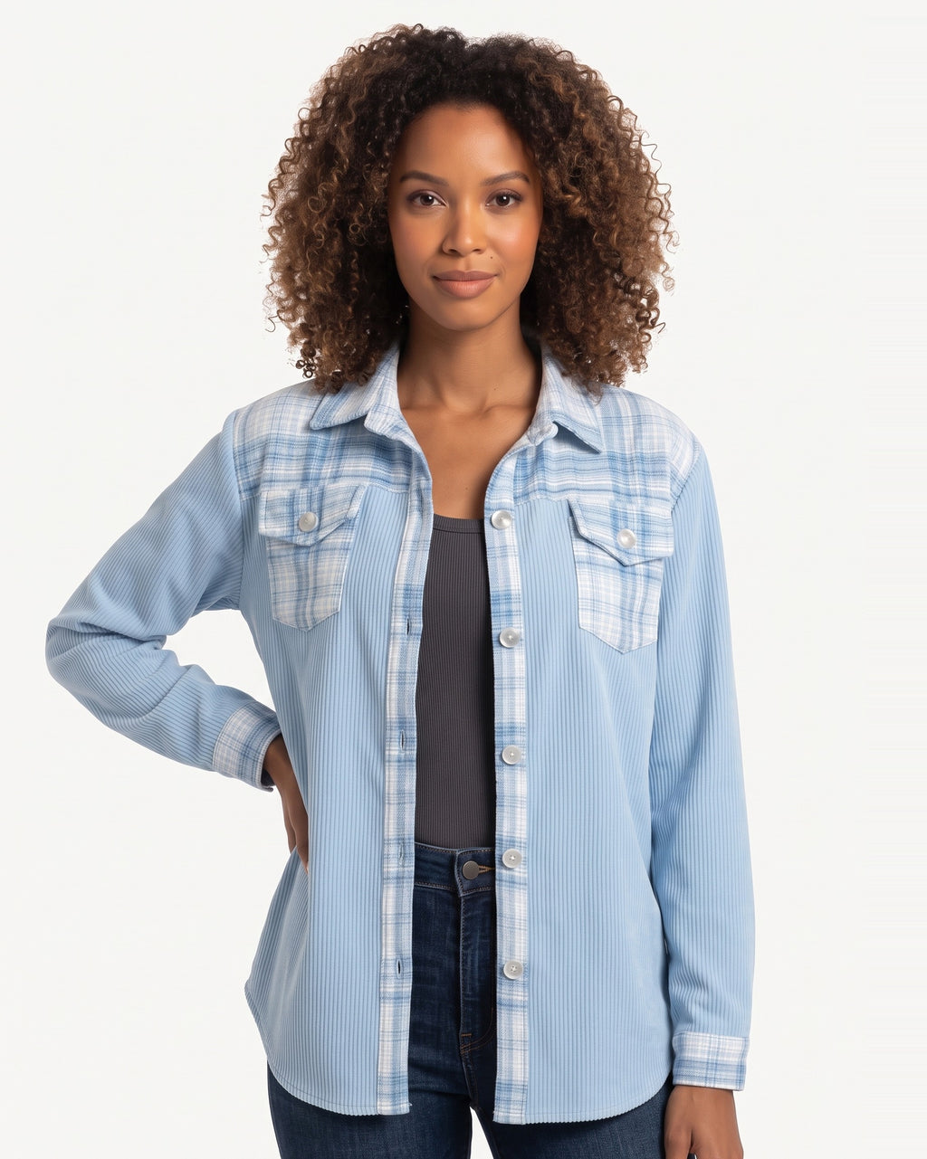 Women’s light blue plaid patchwork shacket with button front and flap chest pockets