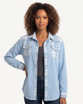 Women’s light blue plaid patchwork shacket with button front and flap chest pockets