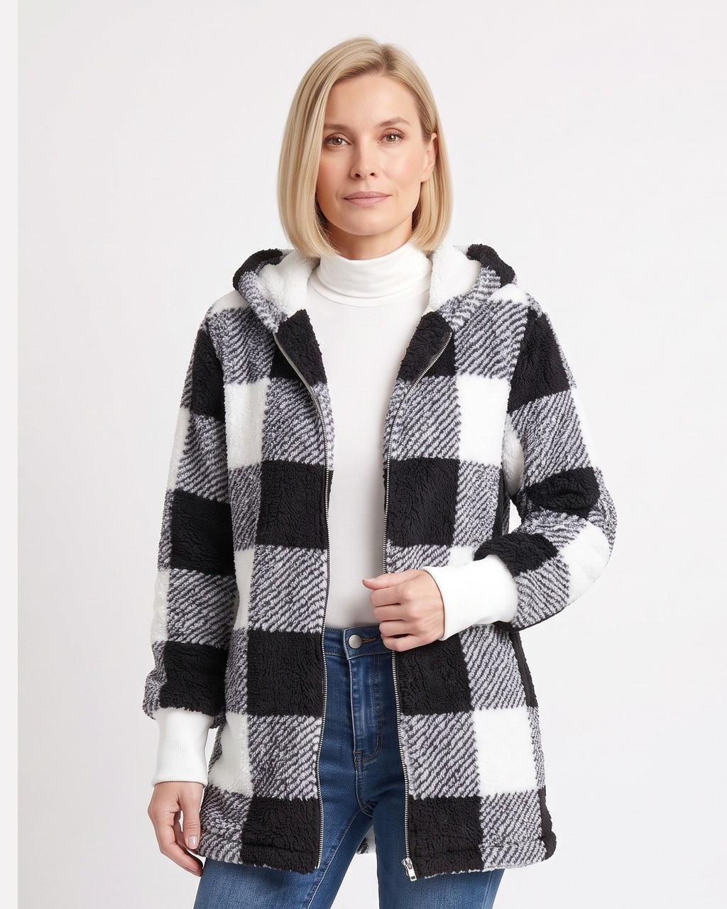 Women’s hooded buffalo-check sherpa jacket, black-and-white plaid, full-zip, cozy fleece