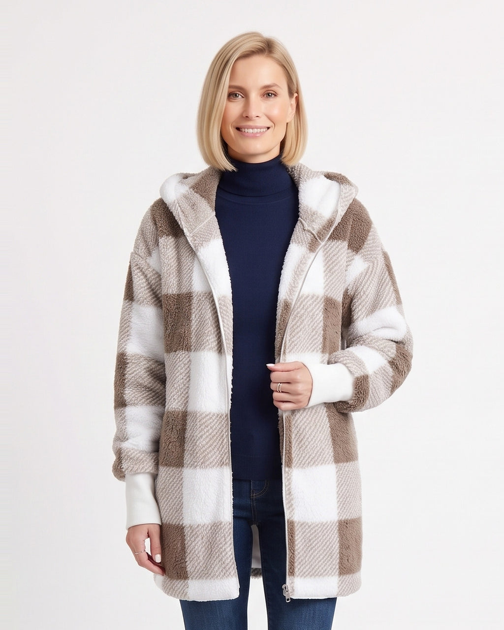 Women’s hooded buffalo-check sherpa jacket, tan-and-brown plaid, full-zip, sherpa fleece