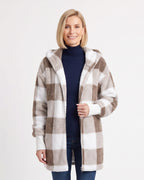 Women’s hooded buffalo-check sherpa jacket, tan-and-brown plaid, full-zip, sherpa fleece