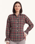 Women’s plaid flannel button-up shirt with lace-trim cuffs and button-down front