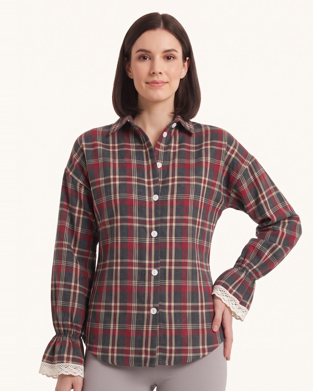 Women’s plaid flannel button-up shirt with lace-trim cuffs and button-down front