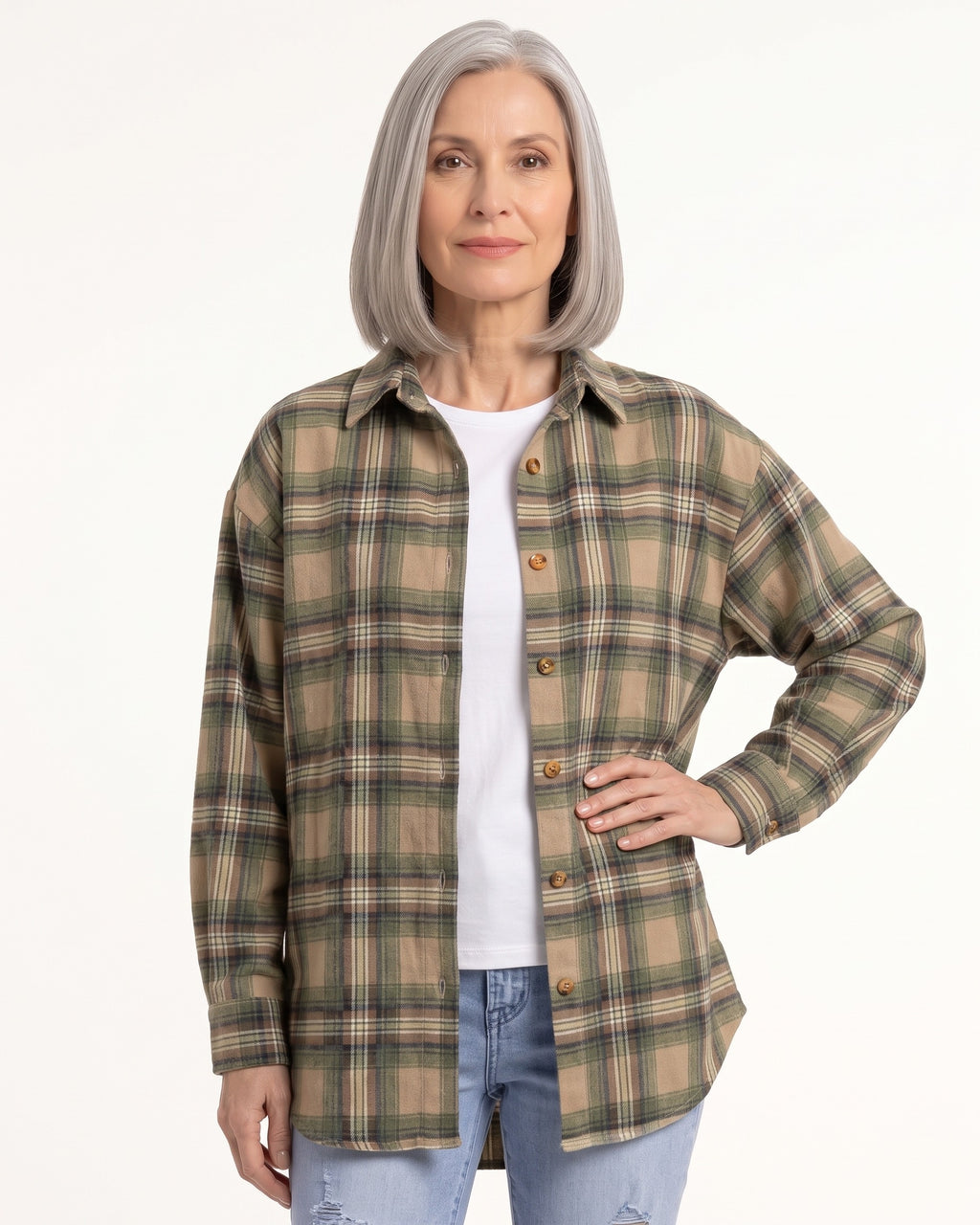 Green and tan plaid button-down shirt with long sleeves and front buttons