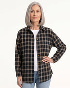 Dark plaid button-down shirt with long sleeves and chest buttons