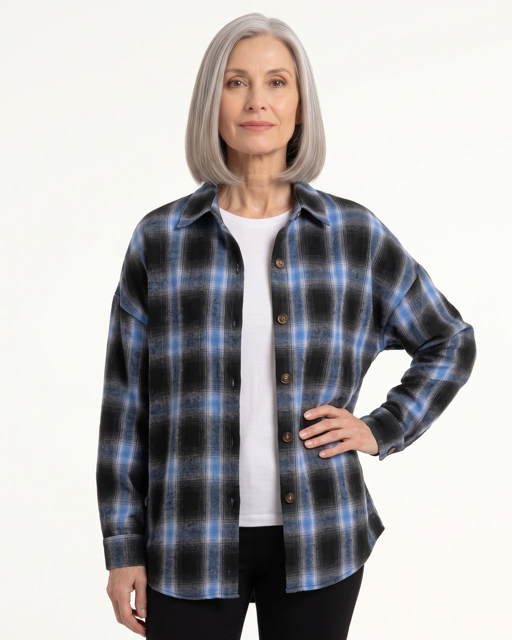 Blue and black plaid oversized button-down shirt with long sleeves and front buttons