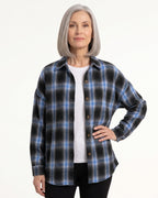 Blue and black plaid oversized button-down shirt with long sleeves and front buttons