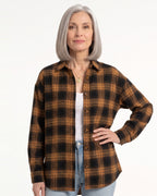 Brown plaid button-down shirt with long sleeves and front buttons