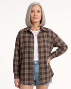 Dark brown plaid button-down shirt with long sleeves and front buttons