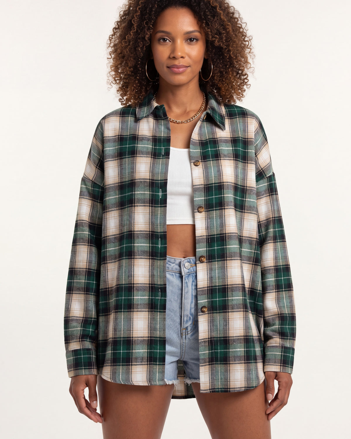 Plaid Shirt for Women — Oversized Button Down Boyfriend Fit in Brushed Cotton in Dark Green — studio model photo [ai-studio]