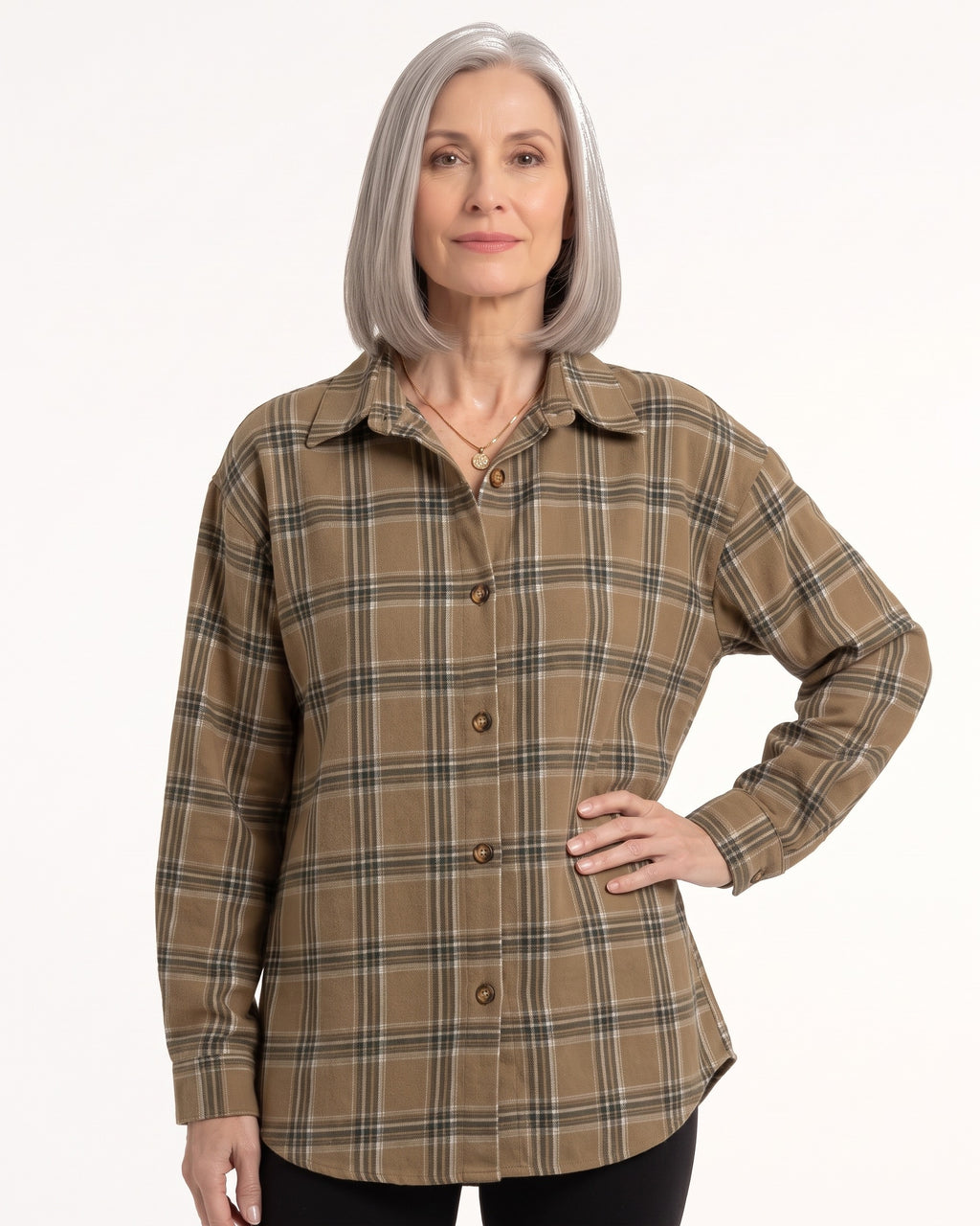 Olive plaid button-down shirt with long sleeves and chest buttons