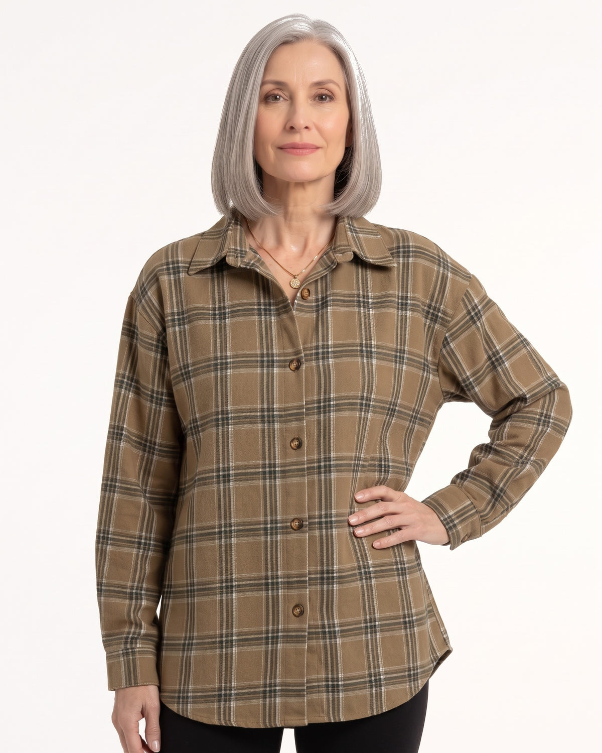 Olive plaid button-down shirt with long sleeves and chest buttons