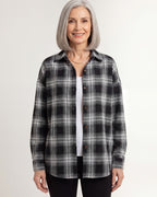 Women’s oversized plaid button-down shirt with long sleeves and front buttons, black and gray