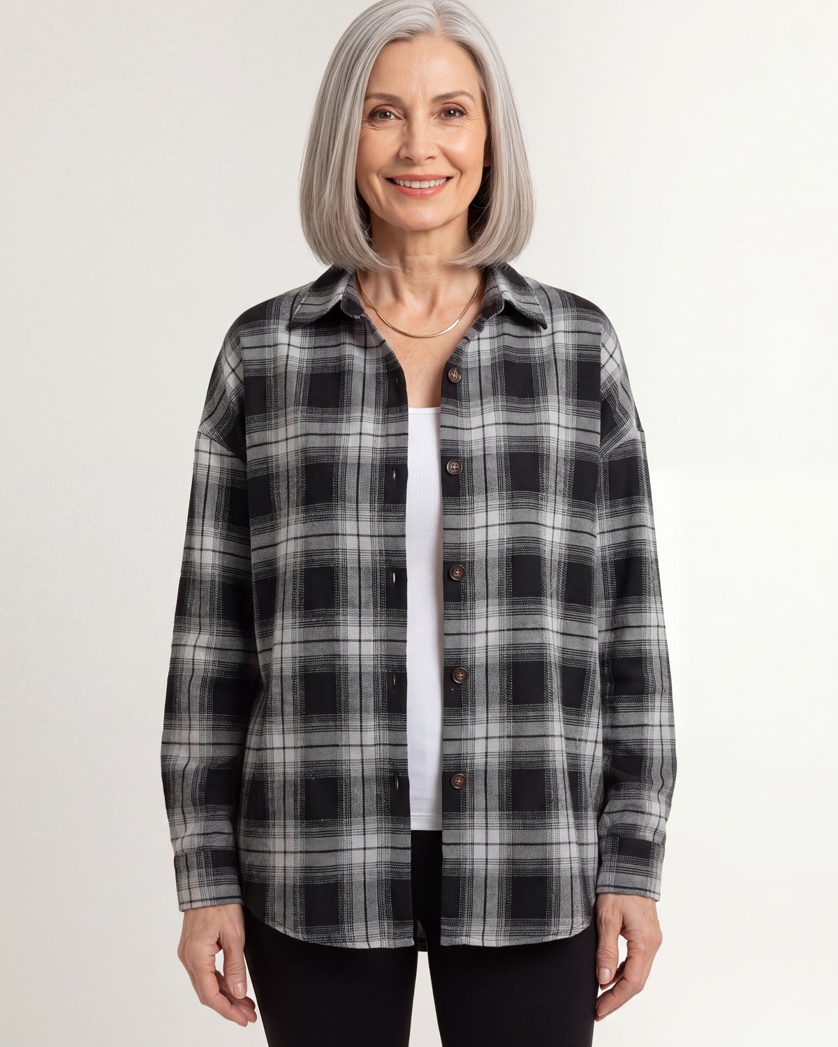 Plaid Shirt for Women — Oversized Button Down Boyfriend Fit in Brushed Cotton in Gray — studio model photo [ai-studio]