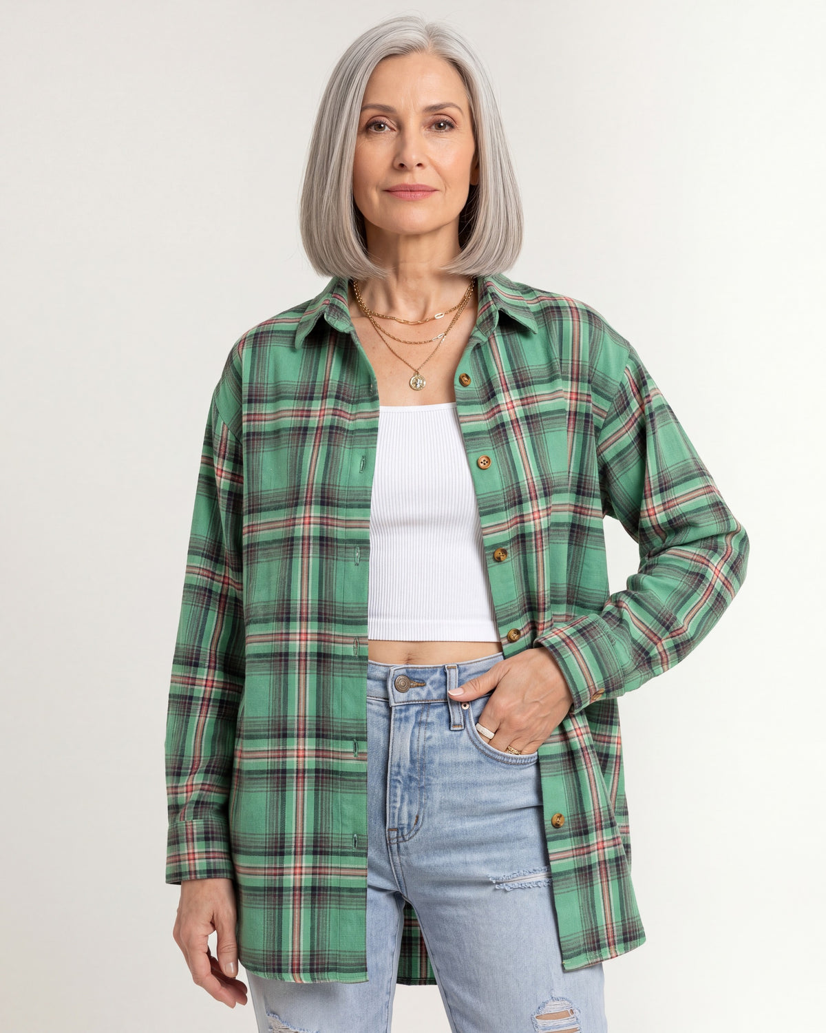 Plaid Shirt for Women — Oversized Button Down Boyfriend Fit in Brushed Cotton in Green — studio model photo [ai-studio]