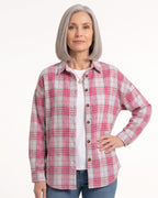Pink plaid button-down shirt with long sleeves and button front