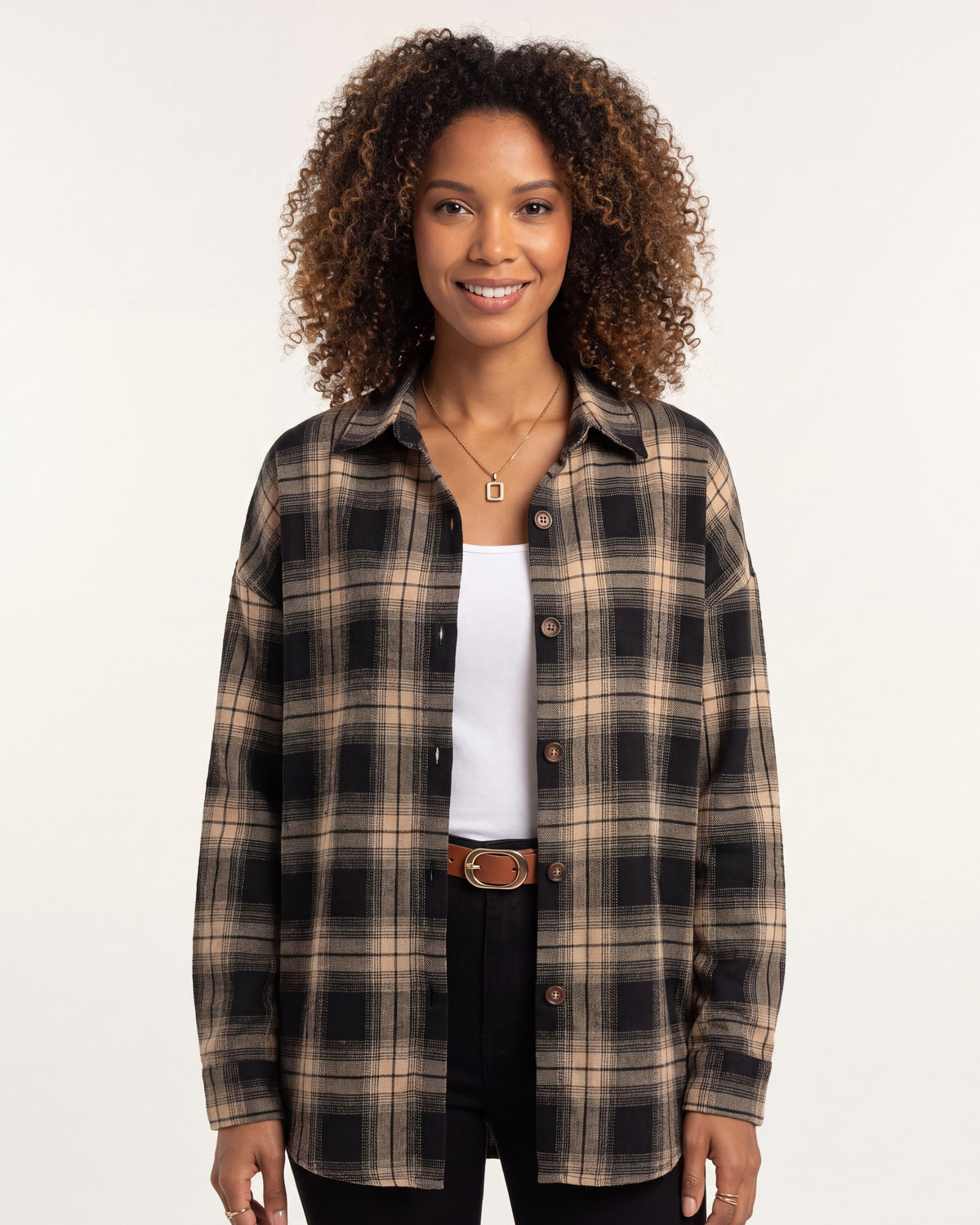 Plaid Shirt for Women — Oversized Button Down Boyfriend Fit in Brushed Cotton in Khaki — studio model photo [ai-studio]