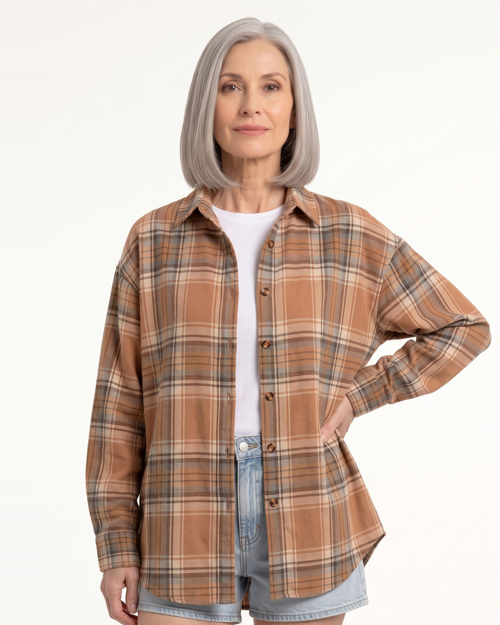 Tan and brown plaid oversized button-down shirt with long sleeves